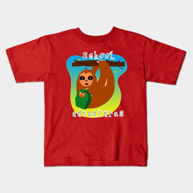 School Adventures_Boy Sloth Kids T-Shirt by DitzyDonutsDesigns